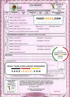 Mexico marriage certificate template in PSD format, fully editable
