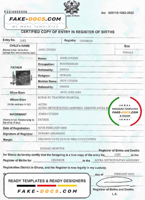 Ghana birth certificate template in PSD format, fully editable