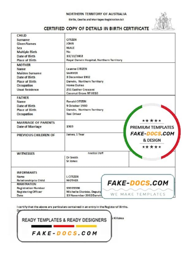 Australia Northern Territory of Australia birth certificate template in Word format