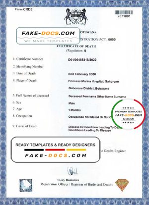 Botswana death certificate template in PSD format, fully editable