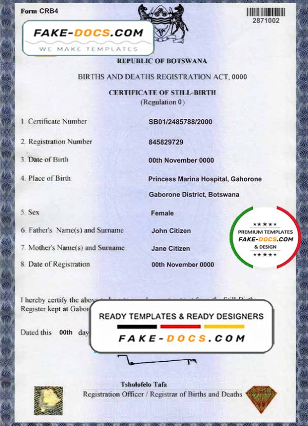Botswana birth certificate template in PSD format, fully editable