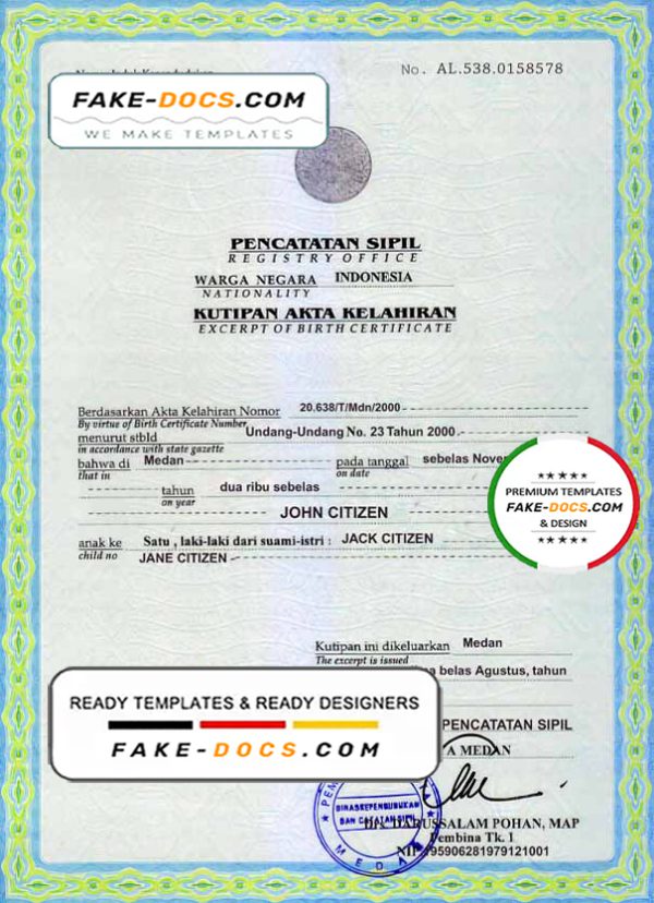 Indonesia birth certificate template in PSD format, fully editable