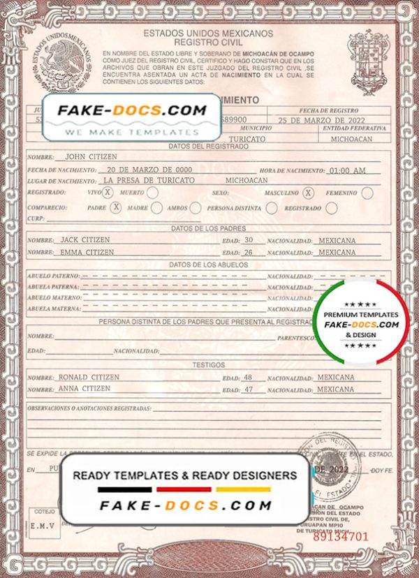Mexico birth certificate template in PSD format, fully editable