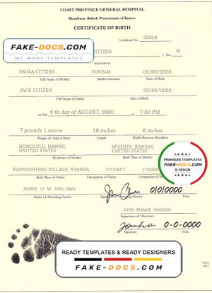 Kenya birth certificate template in PSD format, fully editable