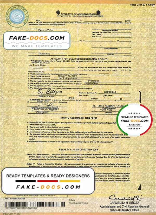 Philippines birth certificate template in PSD format, fully editable