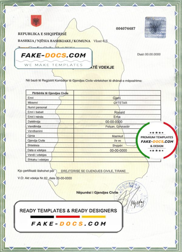 Albania death certificate template in PSD format, fully editable