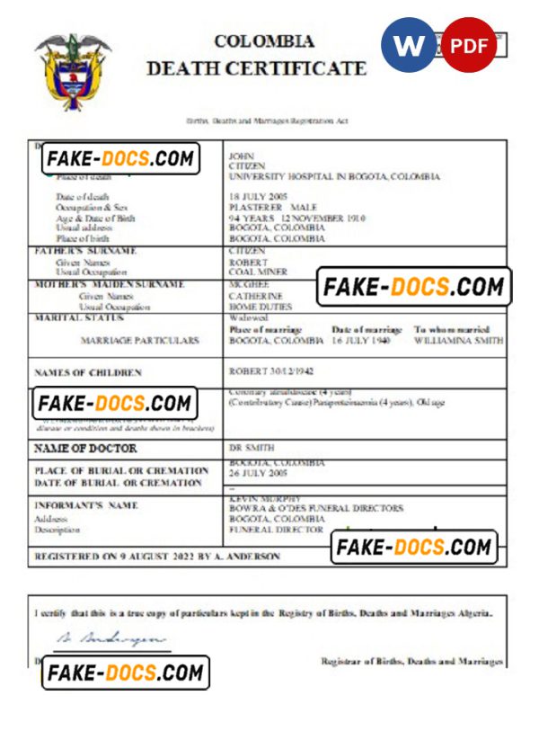 Colombia death certificate Word and PDF template, completely editable