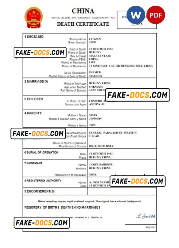 China vital record death certificate Word and PDF template