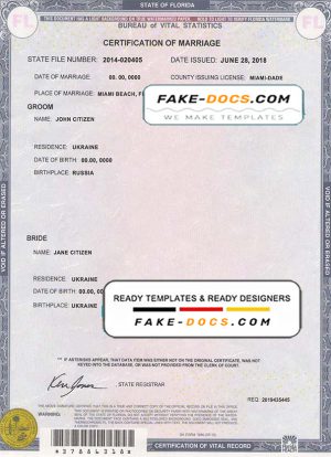 USA Florida state marriage certificate template in PSD format