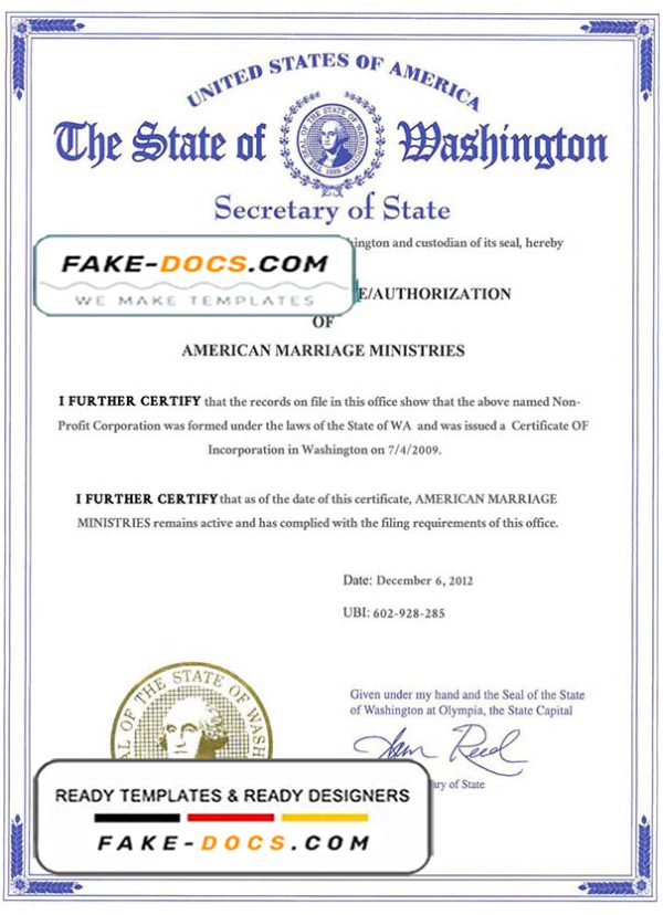 USA Washington state marriage certificate template in PSD format