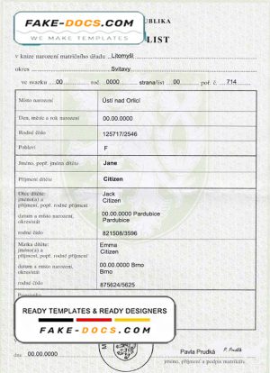 Czech birth certificate fully editable template in PSD format