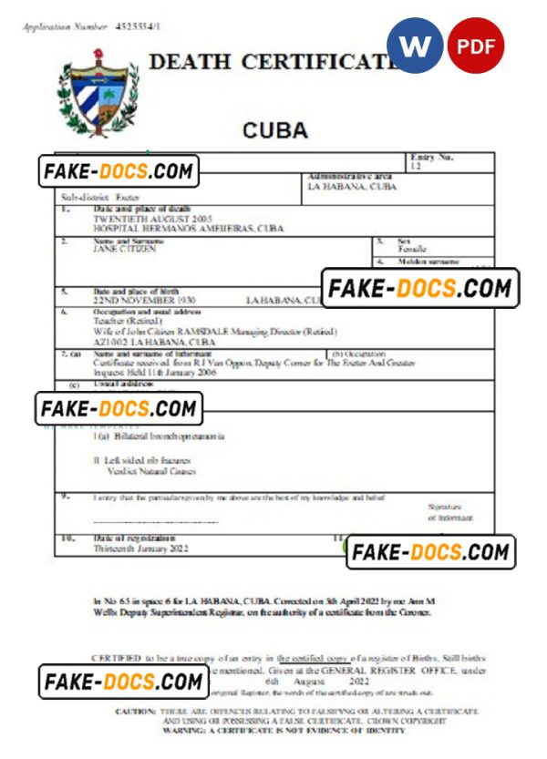 Cuba death certificate Word and PDF template, completely editable