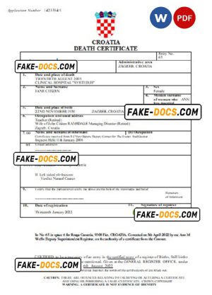 Croatia vital record death certificate Word and PDF template