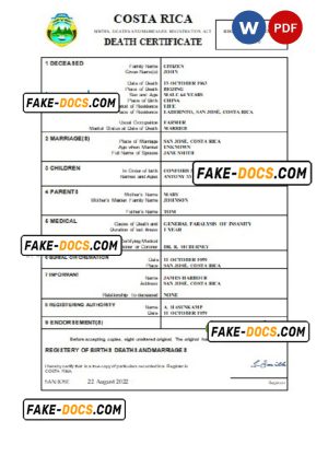 Costa Rica vital record death certificate Word and PDF template