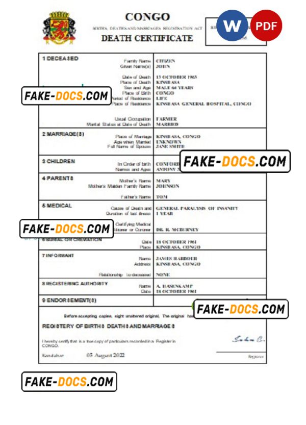 Congo death certificate Word and PDF template, completely editable