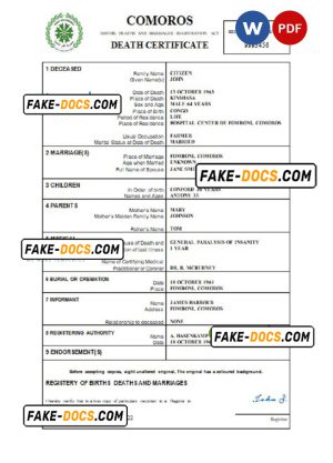 Comoros vital record death certificate Word and PDF template