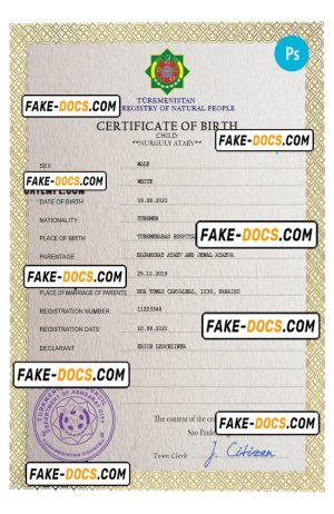 Turkmenistan vital record birth certificate PSD template, fully editable