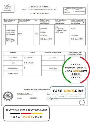 Australia New South Wales birth certificate template in Word format, version 1