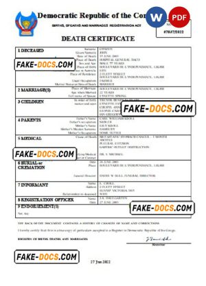 Democratic Republic of the Congo vital record death certificate Word and PDF template