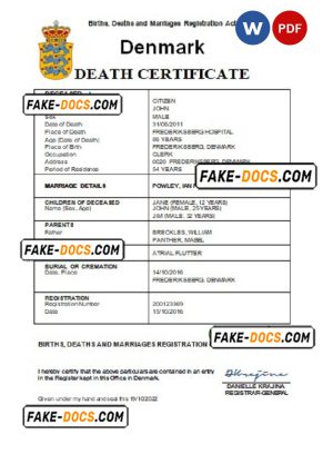 Denmark vital record death certificate Word and PDF template