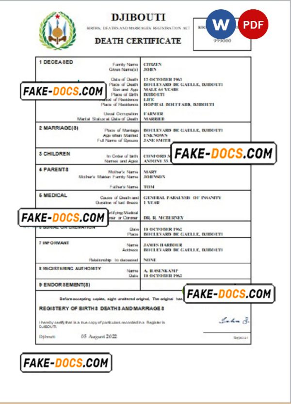 Djibouti death certificate Word and PDF template, completely editable
