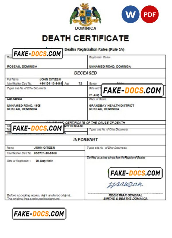 Dominica vital record death certificate Word and PDF template
