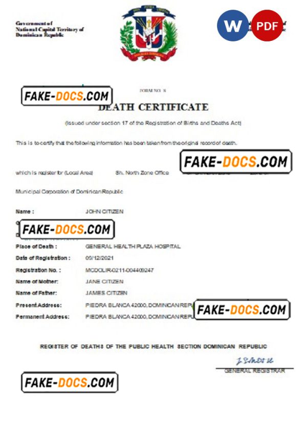 Dominican Republic death certificate Word and PDF template, completely editable