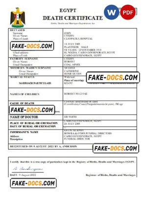 Egypt vital record death certificate Word and PDF template