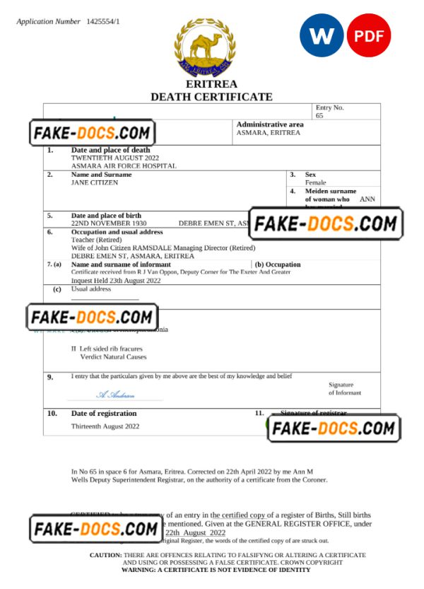 Eritrea vital record death certificate Word and PDF template