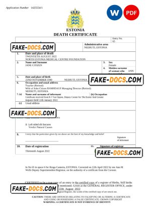 Estonia death certificate Word and PDF template, completely editable