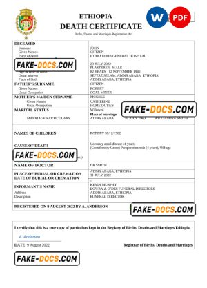 Ethiopia vital record death certificate Word and PDF template