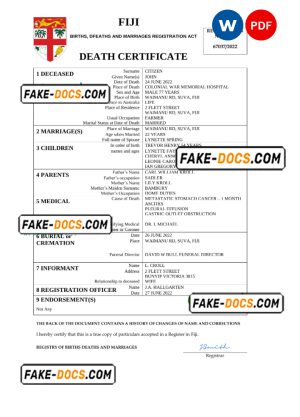 Fiji vital record death certificate Word and PDF template