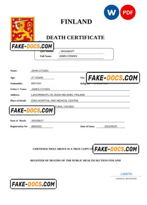 Finland death certificate Word and PDF template, completely editable