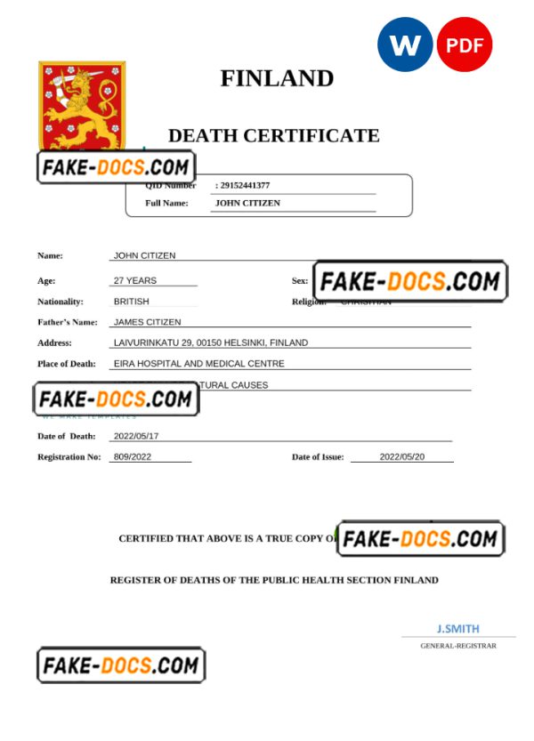 Finland death certificate Word and PDF template, completely editable