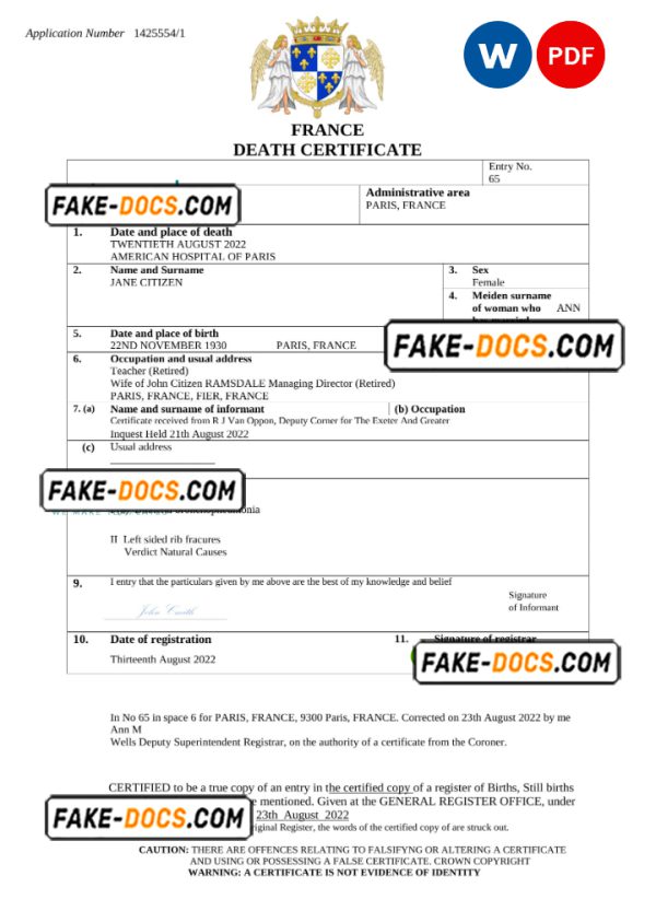 France vital record death certificate Word and PDF template