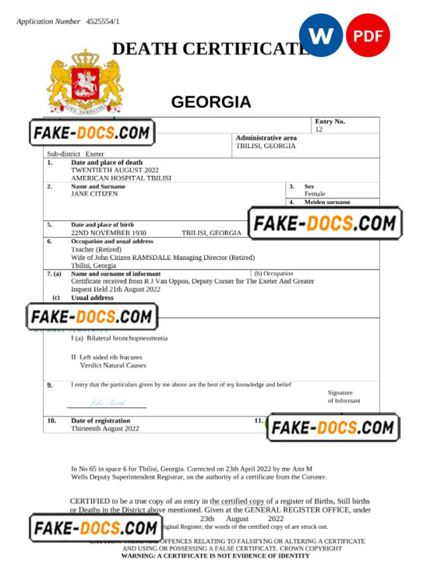 Georgia vital record death certificate Word and PDF template
