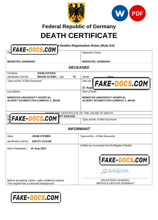 Germany death certificate Word and PDF template, completely editable
