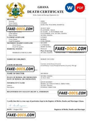 Ghana vital record death certificate Word and PDF template
