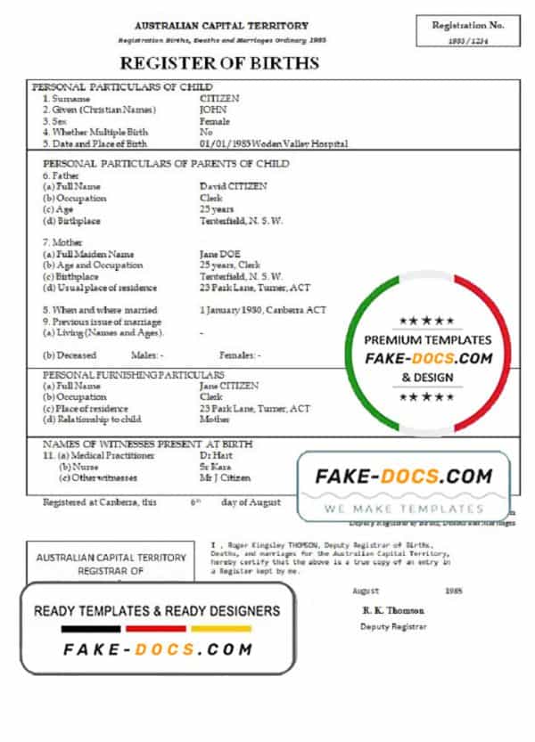 Australia Australian Capital Territory birth certificate template in Word format, version 1