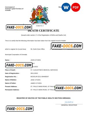 Grenada vital record death certificate Word and PDF template
