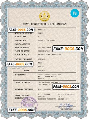 Afghanistan vital record death certificate PSD template