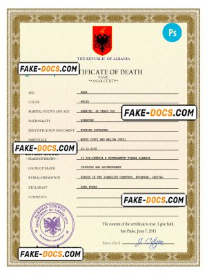 Albania death certificate PSD template, completely editable