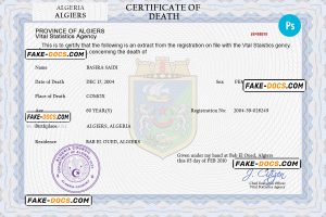 Algeria vital record death certificate PSD template, fully editable
