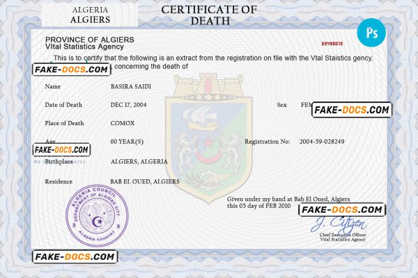 Algeria vital record death certificate PSD template, fully editable