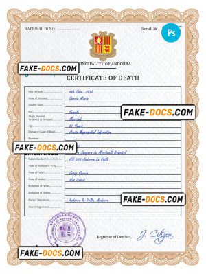 Andorra death certificate PSD template, completely editable