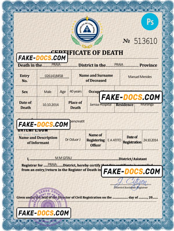 Cabo Verde death certificate PSD template, completely editable