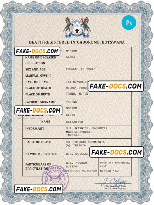Botswana vital record death certificate PSD template