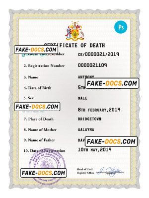 Barbados death certificate PSD template, completely editable