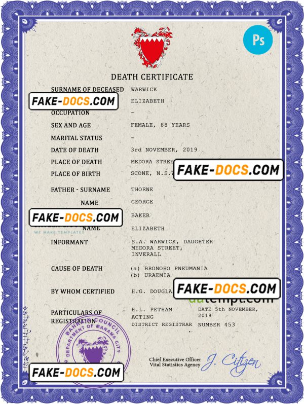 Bahrain death certificate PSD template, completely editable