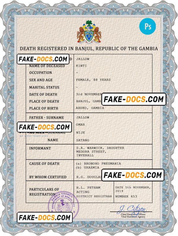 Gambia death certificate PSD template, completely editable